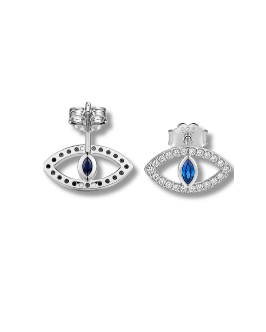 Evil eye silver earring lifestyle view by MARO Jewelry