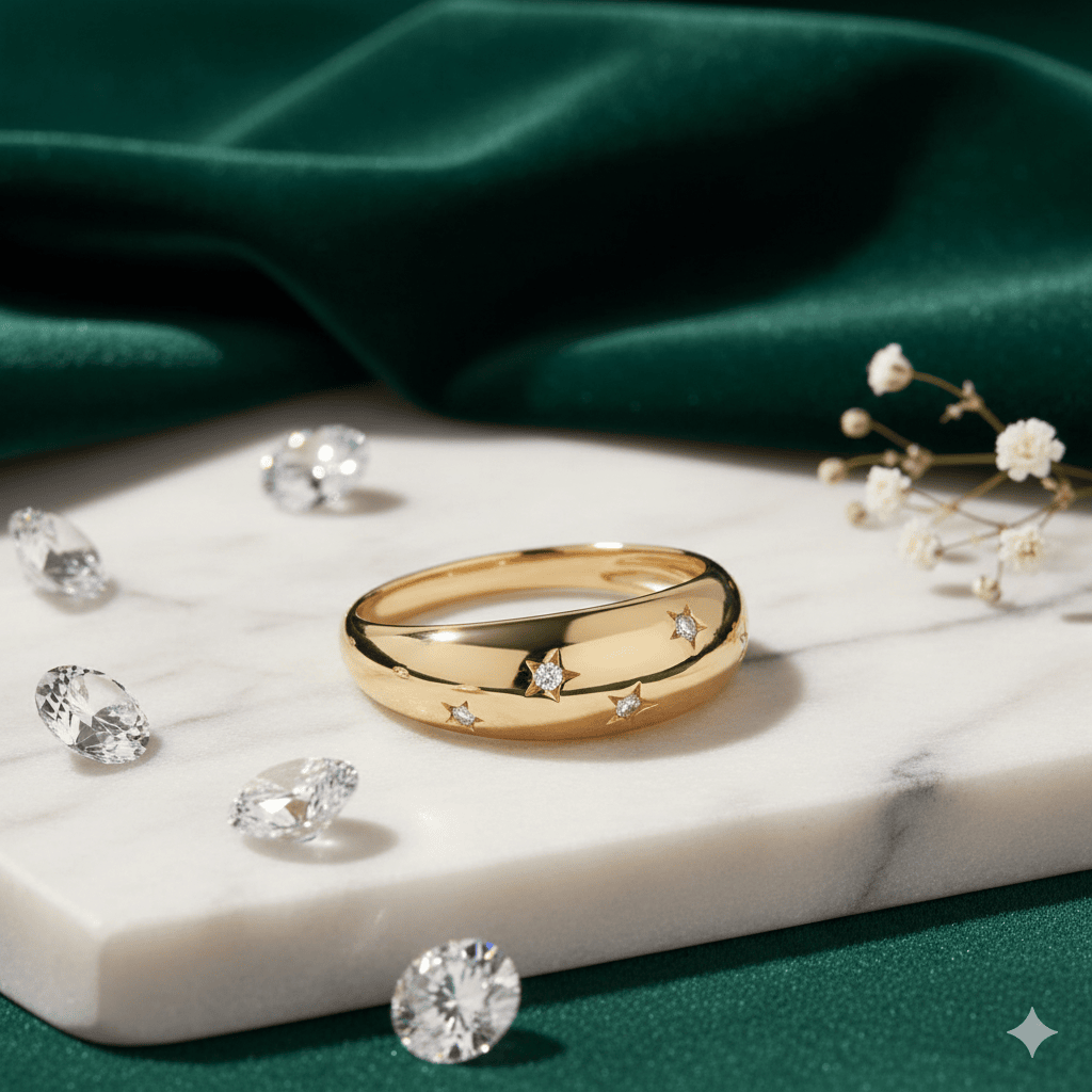 14k yellow gold dome ring with star-shaped diamond accents on a white marble base and elegant green silk.