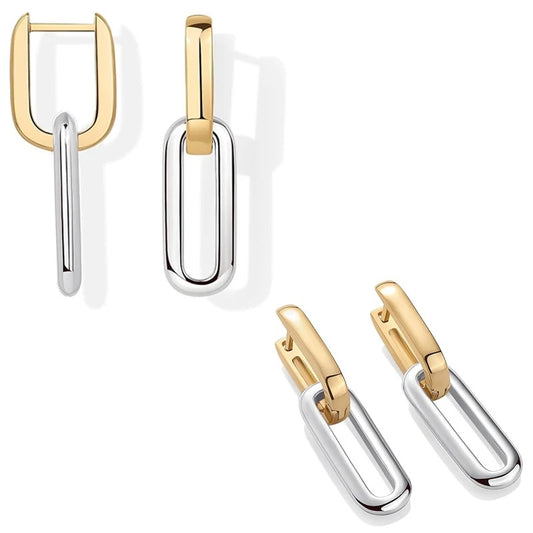Close-up of two-tone hoop earrings with hanging links