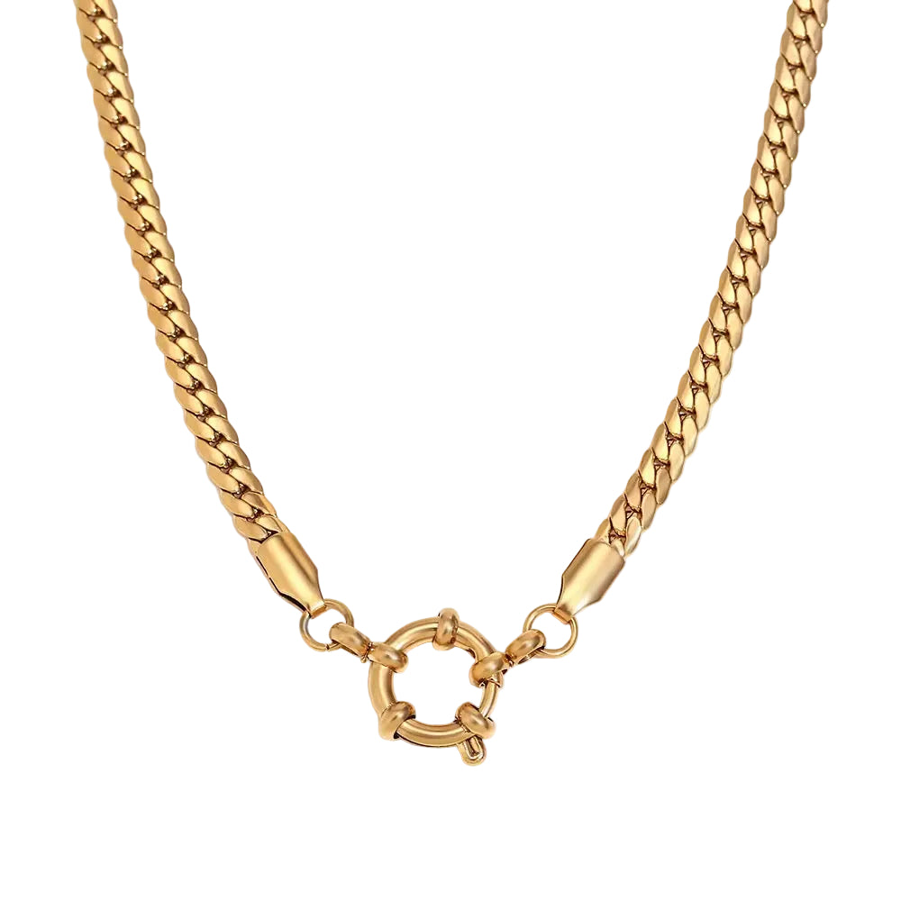 Flat gold-tone curb chain necklace with a large spring-ring clasp at the front