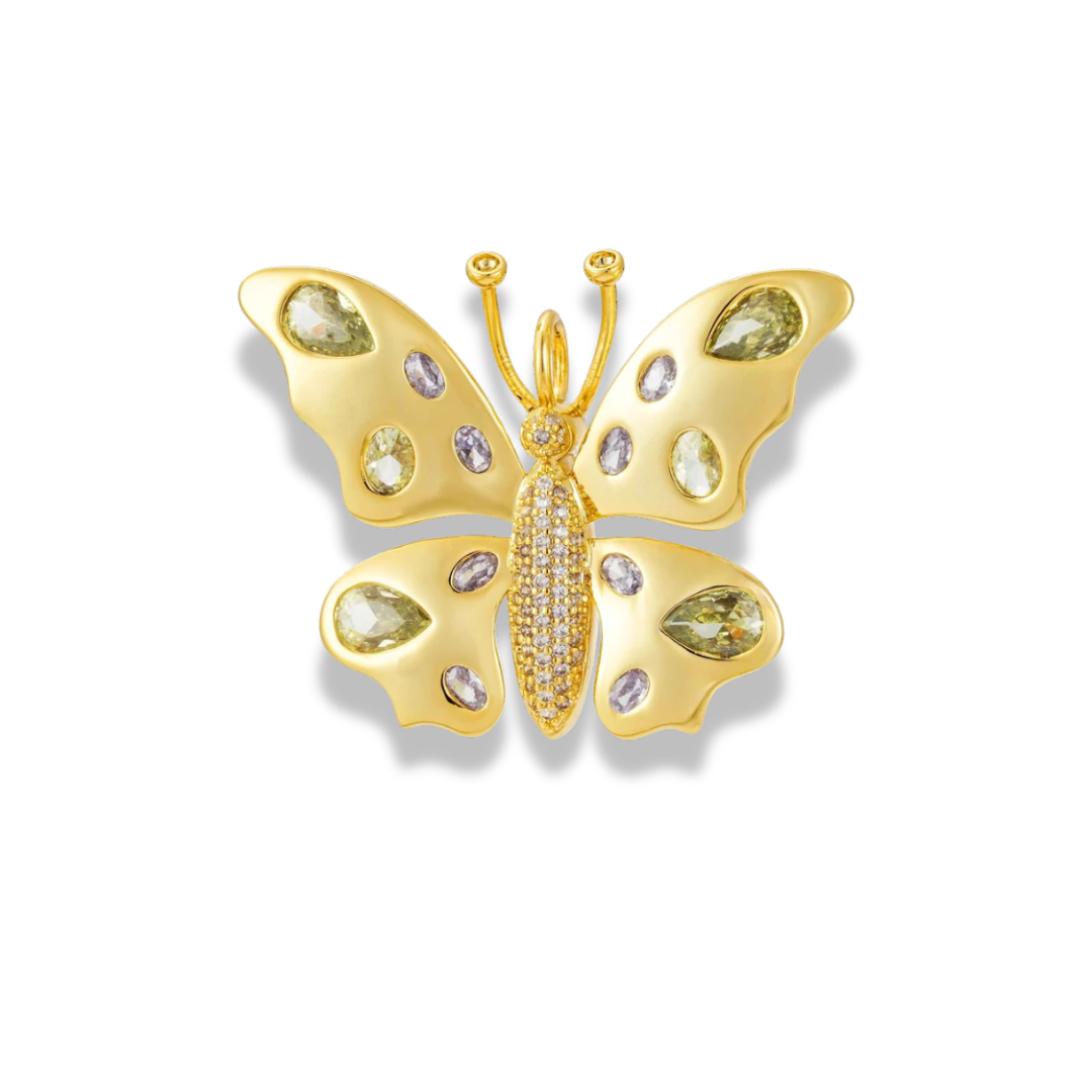 Gold-tone butterfly charm with soft green and lilac pear-shaped stones on its wings and curled antennae