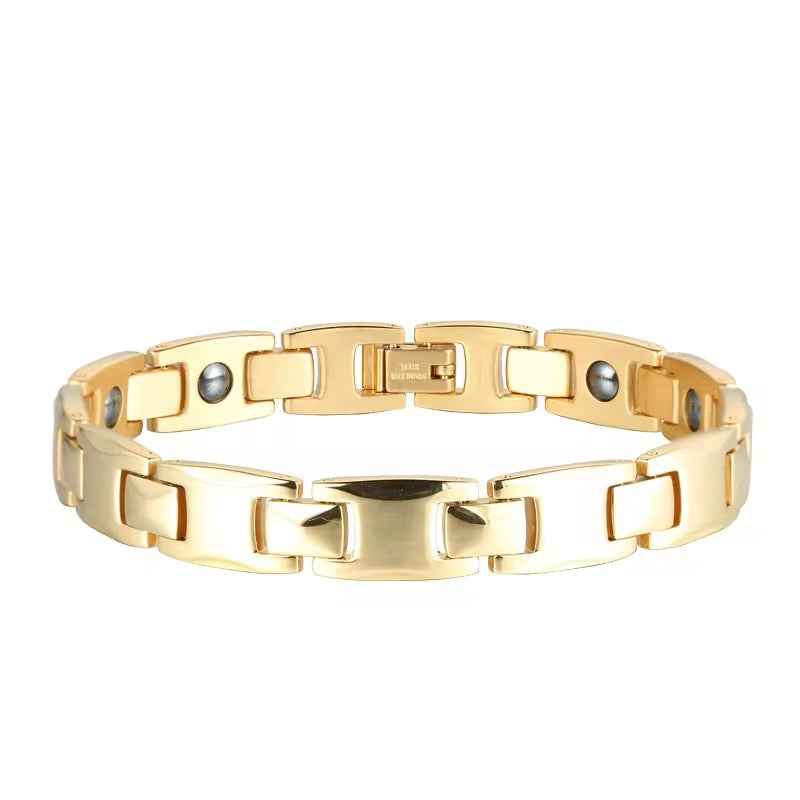Gold-tone bracelet of flat, polished rectangular links with a fold-over clasp
