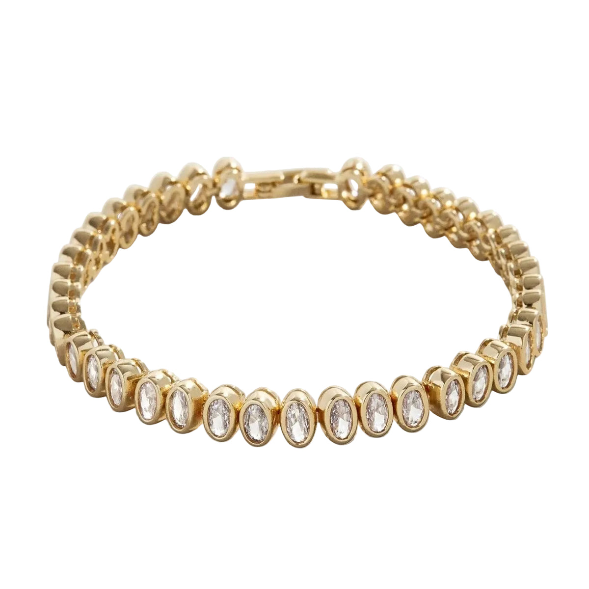 Tennis-style bracelet of oval clear stones in rounded gold-tone settings, flat on white