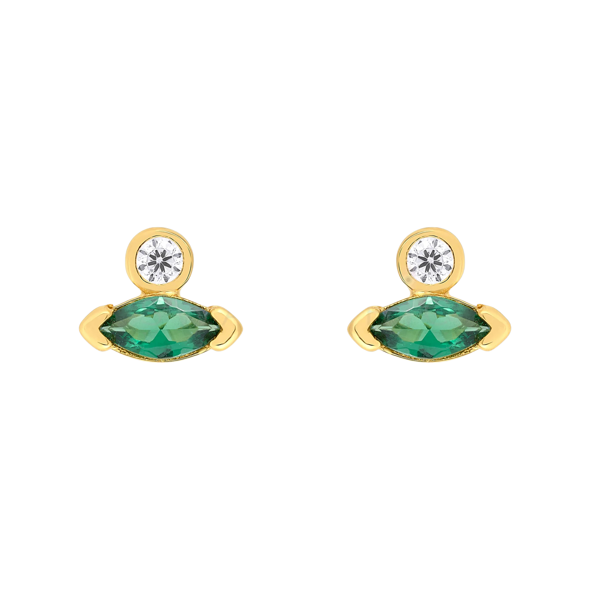 Pair of stud earrings with a round clear stone above a green leaf-shaped stone in gold-tone settings, on white