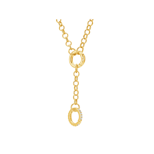 Two Claps Necklace — 16-inch gold-tone chain with sparkling zirconia clasp, designed to hold multiple charms, waterproof and hypoallergenic jewelry by MARO.