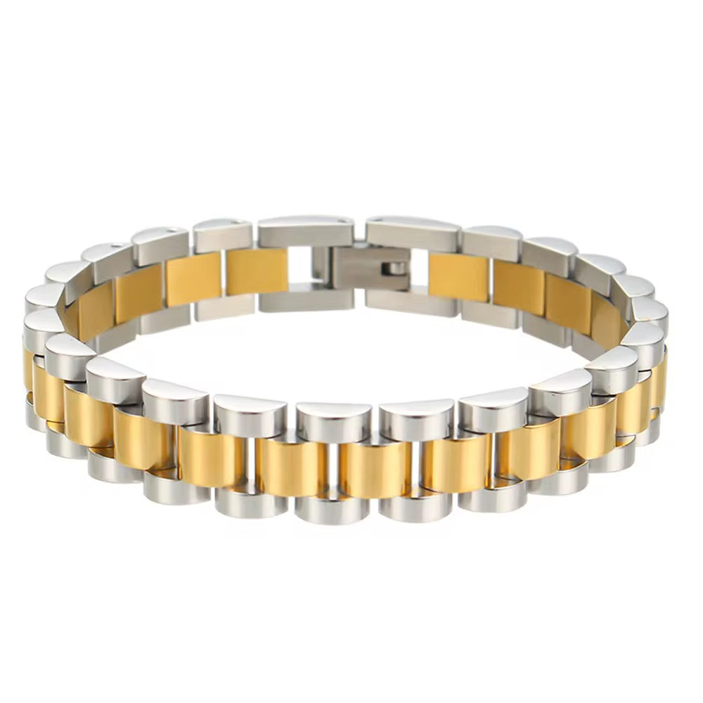 Watch-band style bracelet with alternating silver-tone and gold-tone links, flat on white