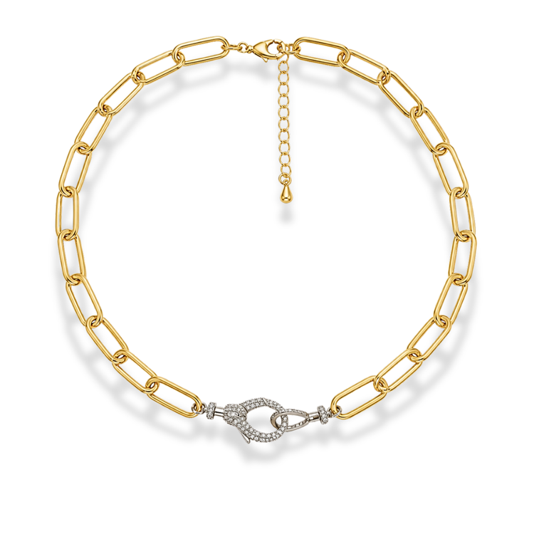 Gold-tone paperclip chain necklace with a small clasp set with clear stones