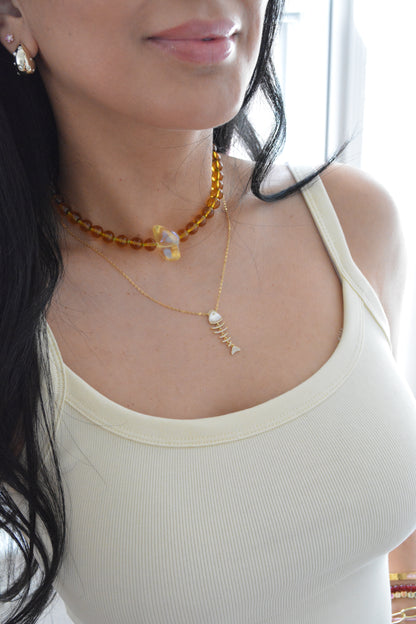Fish Mother of Pearl Necklace lifestyle view by MARO