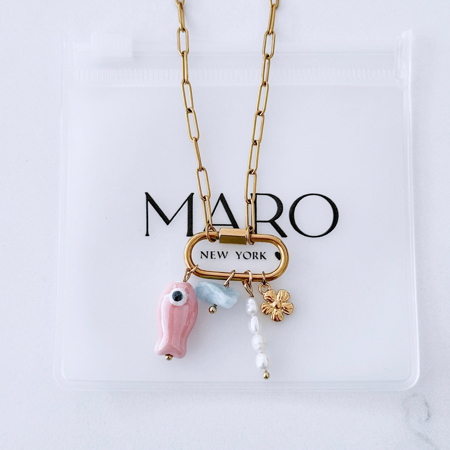 Gold charm carabiner necklace - MARO JEWELRY