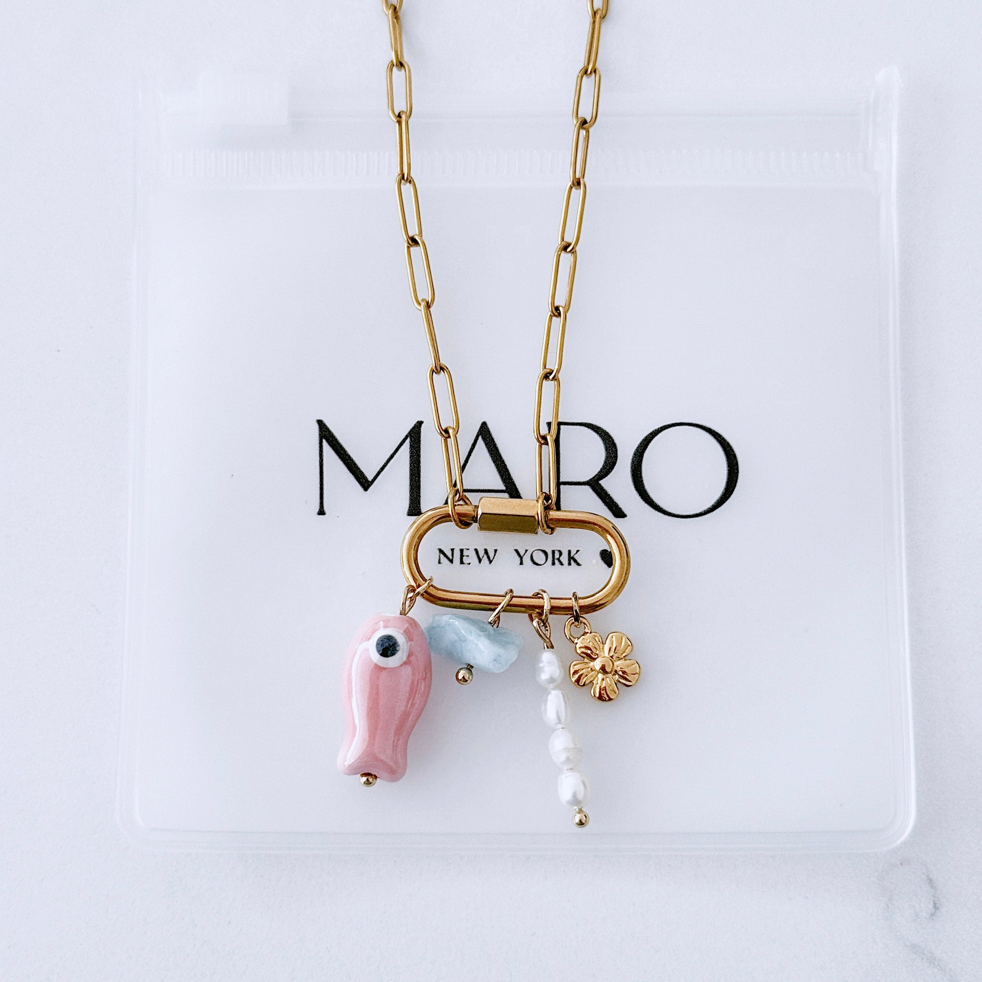 Gold charm carabiner necklace - MARO JEWELRY