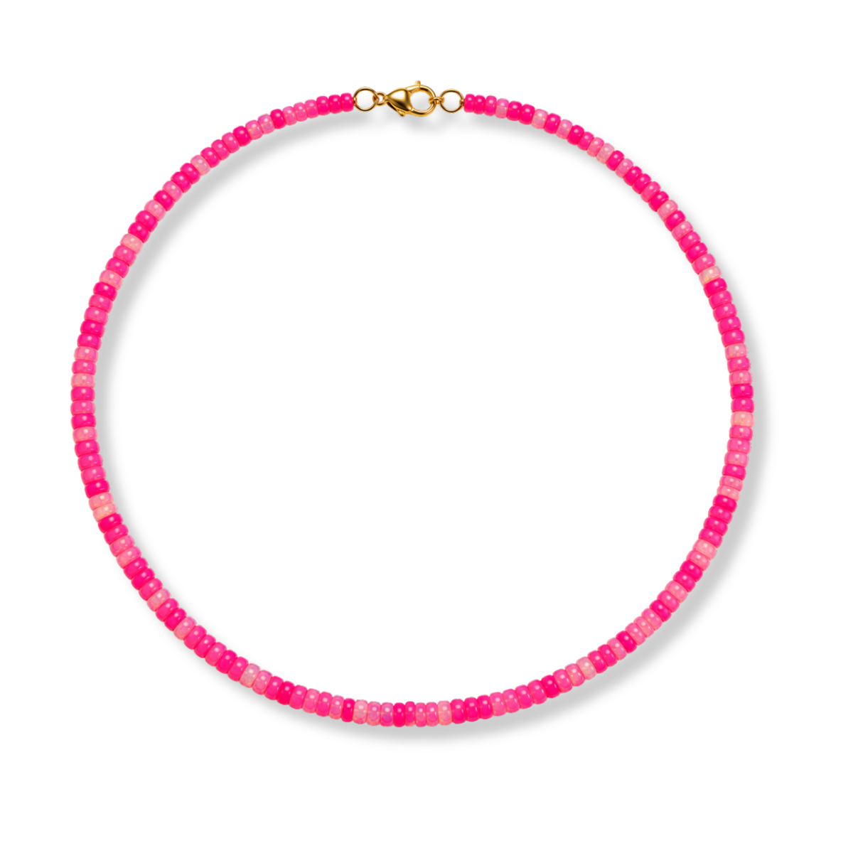 Fine necklace of tiny hot pink beads with lighter pink beads and a gold-tone clasp on a white background