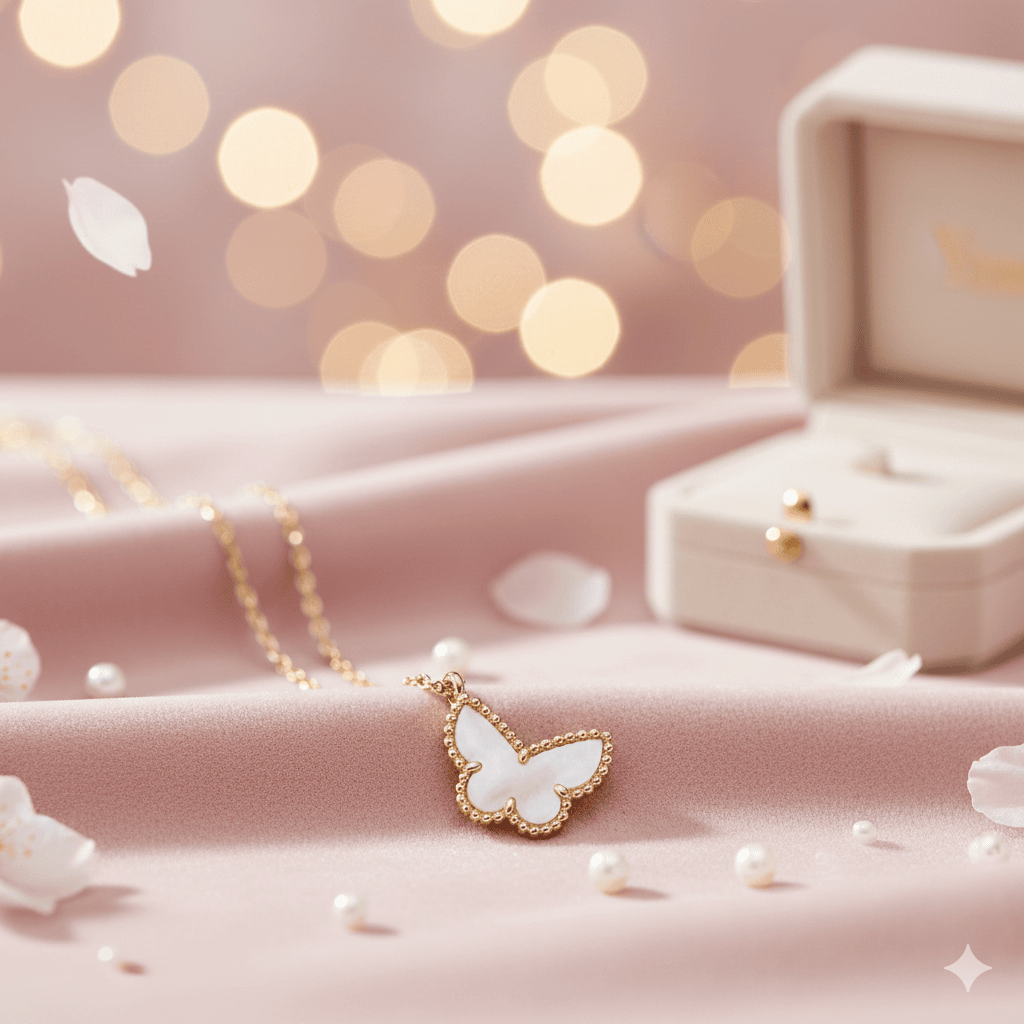 Collar dorado con dije de mariposa de nácar sobre fondo floral. Joya elegante y femenina, perfecta para regalo.
