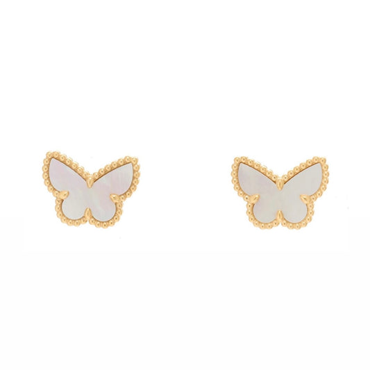 Pair of butterfly stud earrings with a pearly white surface and a beaded gold-tone edge, on white