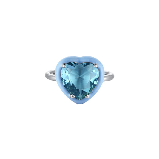 Silver-tone ring with a heart-shaped aqua-blue stone and pale blue border