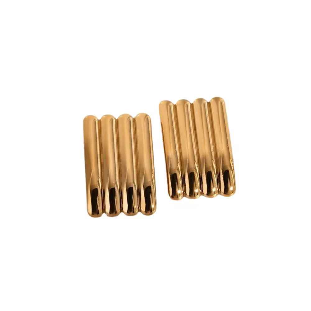 Pair of chunky rectangular gold-tone earrings with deep vertical ribbing