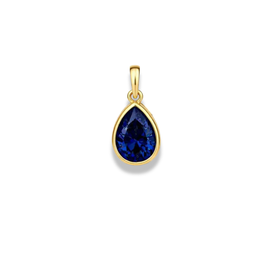 Deep blue teardrop stone charm in a gold-tone bezel with a small bail, on a white background
