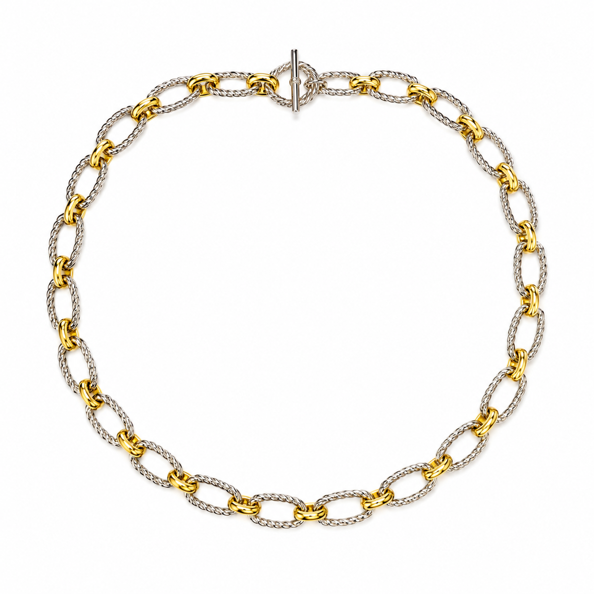 Collar grueso de eslabones ovalados en tono dorado y tono plateado con piedras, con cierre de barra en la parte superior