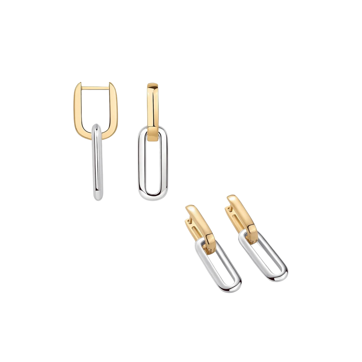 Aros huggie en tono dorado con eslabones rectangulares colgantes en tono plateado