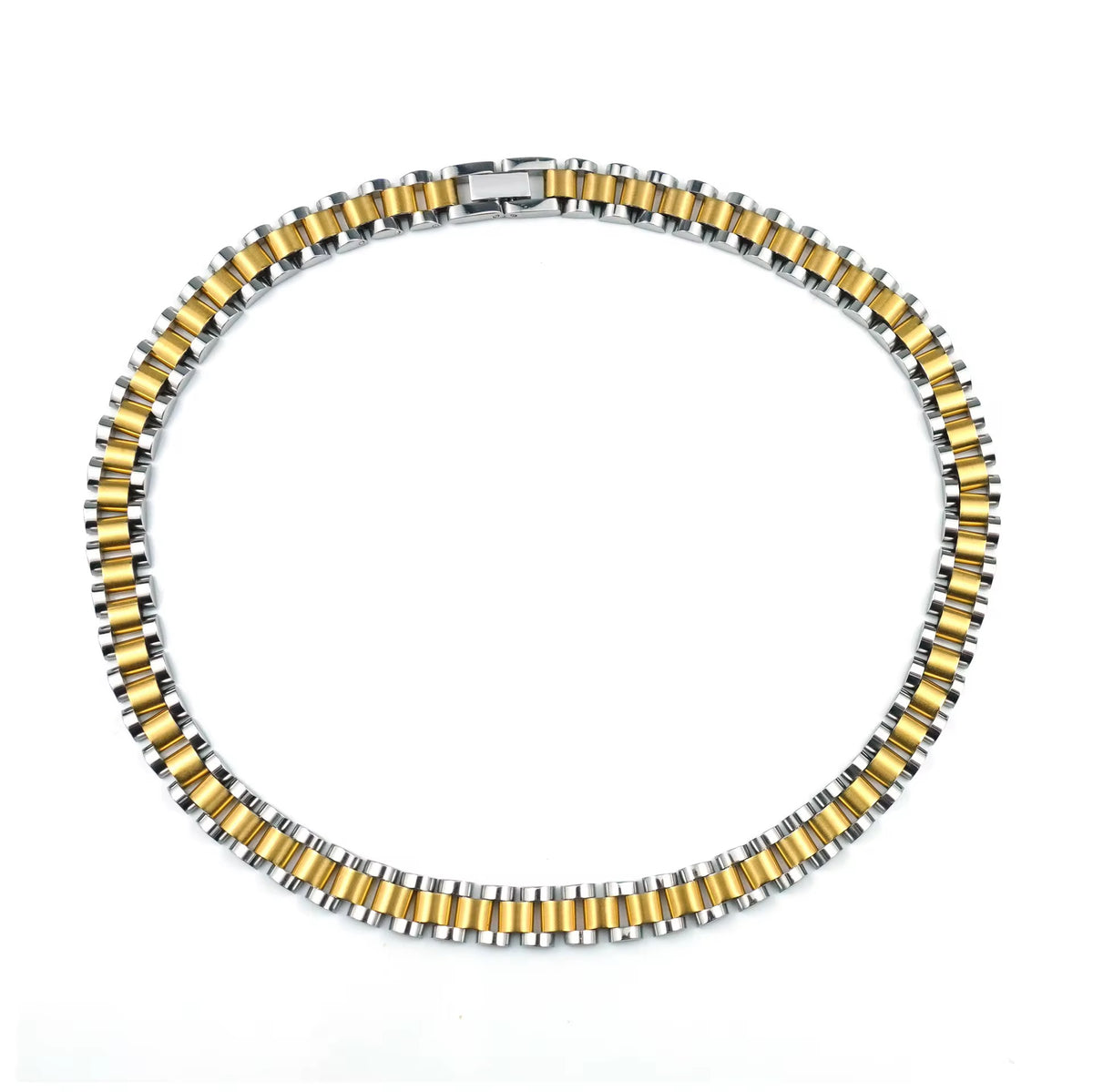 Flat watch-band-style necklace in alternating gold and silver tones