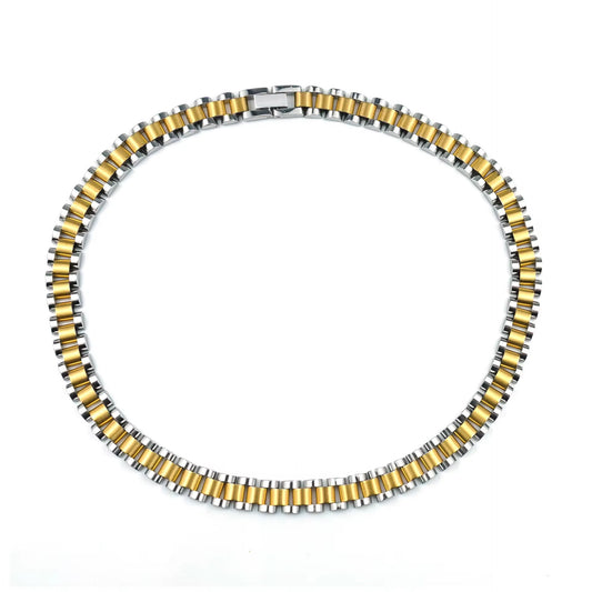 Flat watch-band-style necklace in alternating gold and silver tones