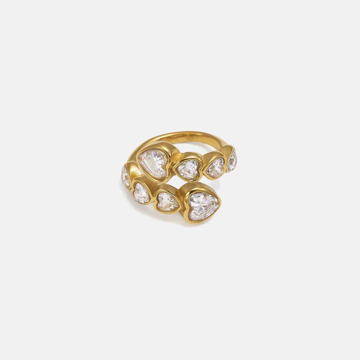Gold-color wrap ring with two rows of clear heart-shaped stones
