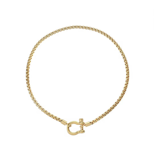 Gold-tone box chain necklace with a horseshoe-shaped shackle closure at the front
