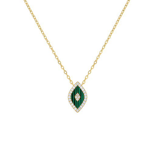 Fine gold-tone chain with a small green eye-shaped pendant framed by clear stones