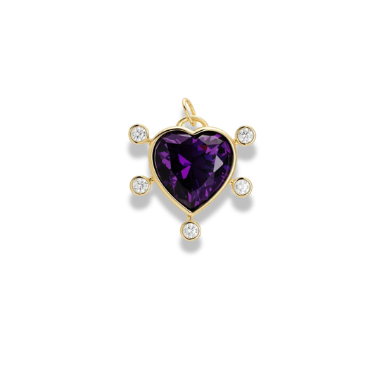 Gold-tone charm with a deep purple heart stone framed by clear round stones, on white