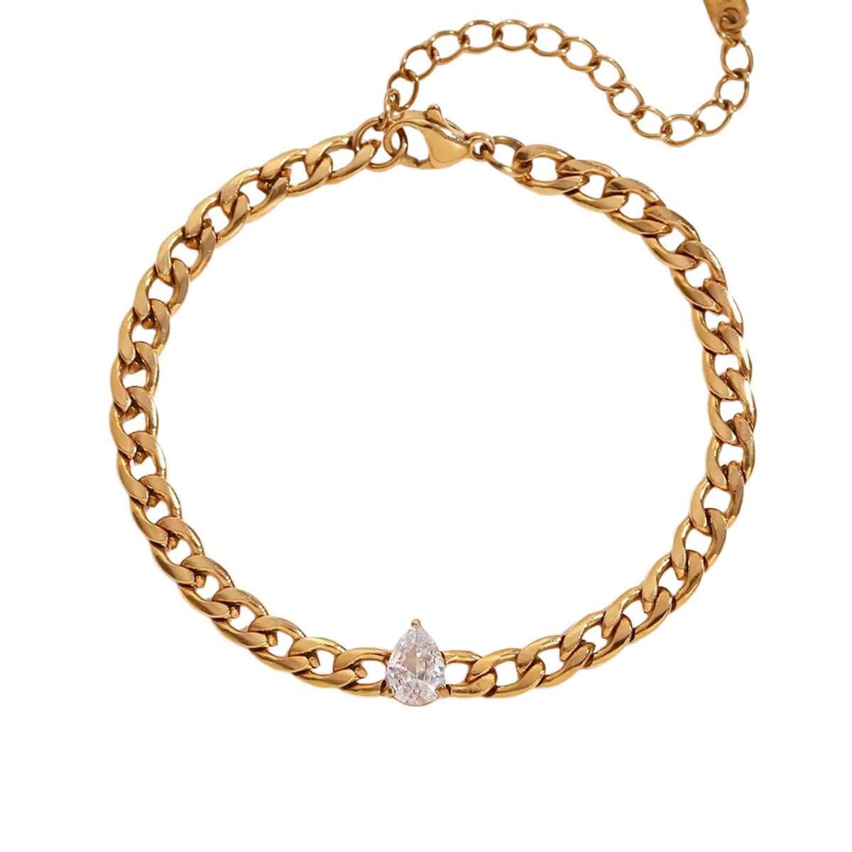 Pulsera de cadena barbada de tono dorado con una sola piedra transparente en forma de pera