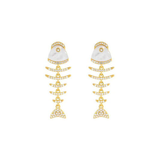 Pair of gold-tone fish-skeleton drop earrings with white mother-of-pearl heads and clear stones
