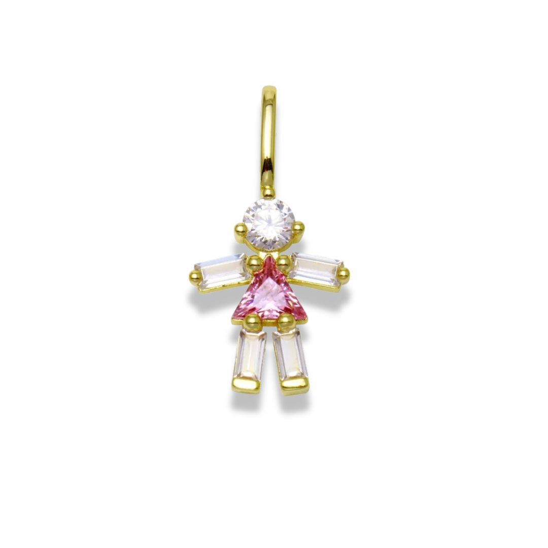 Gold-tone girl charm with a clear stone head, a pink triangle-cut stone dress and baguette-stone limbs