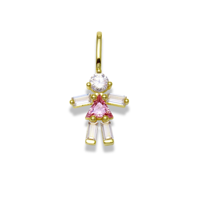 Dije de niña tono dorado con cabeza de piedra transparente, vestido de piedra rosa en corte triangular y extremidades de piedras baguette