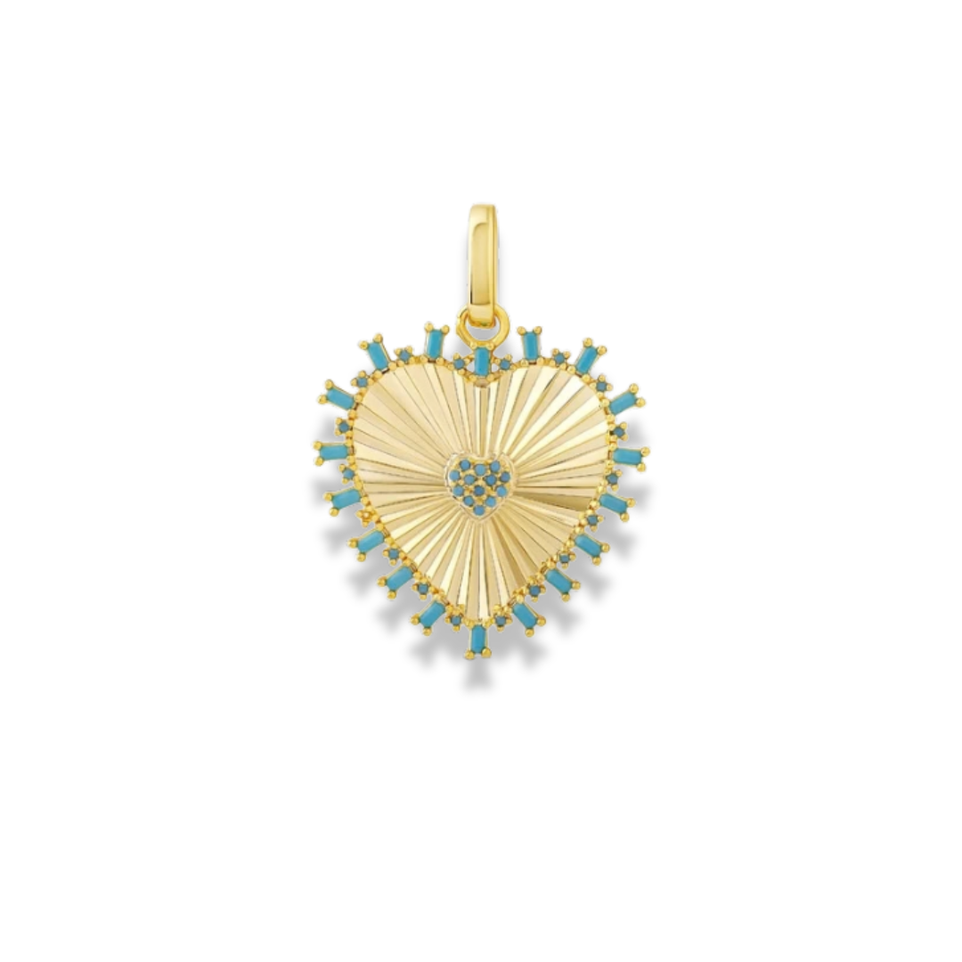 Gold-tone heart charm with fluted ray lines and aqua-blue stones around the edge, flat on white