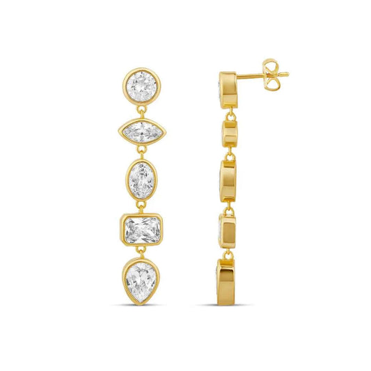 Gold-tone drop earring with five bezel-set clear stones in round, marquise, oval, emerald and pear shapes