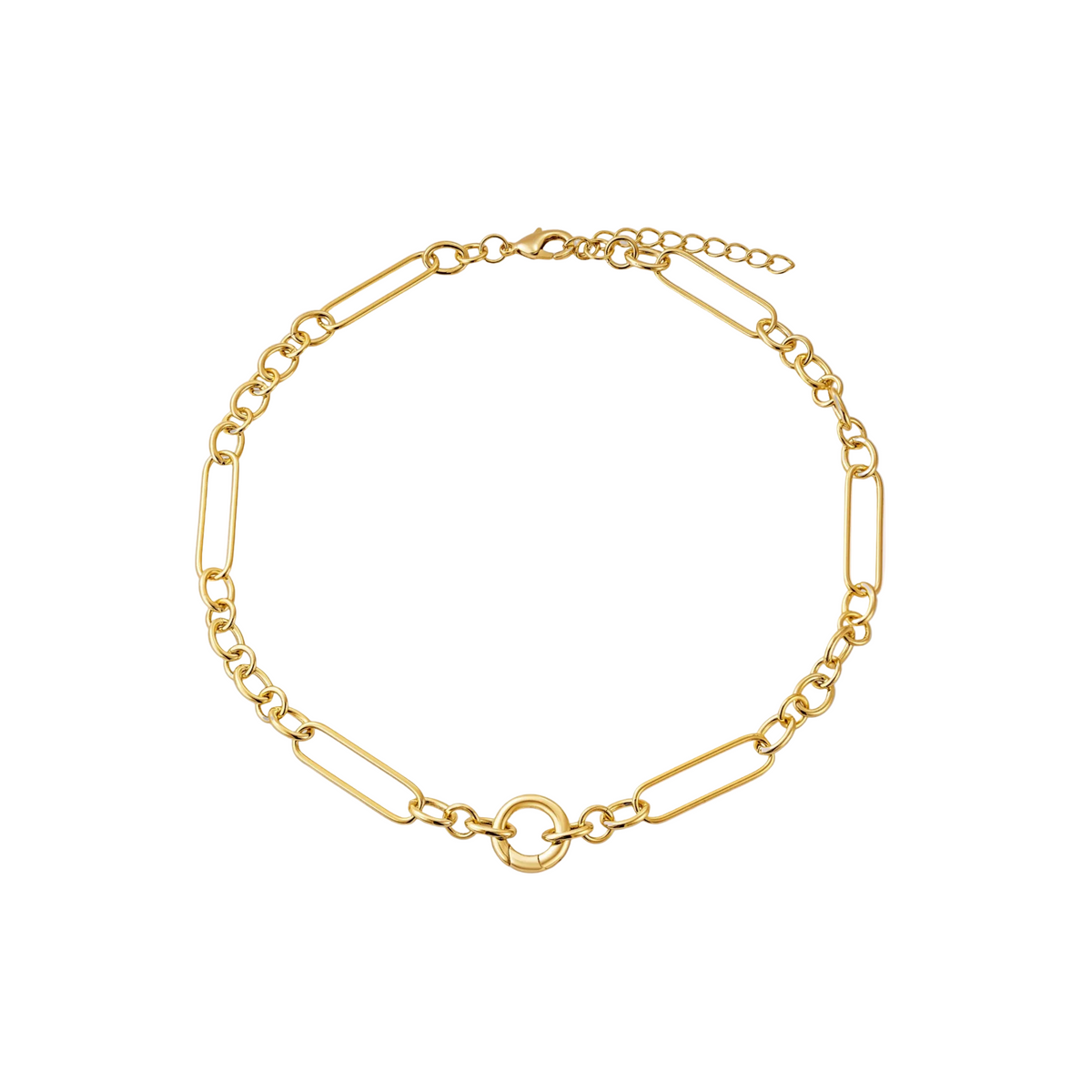 Gold-tone chain of long oval and round links with a lobster clasp and small ring, on white