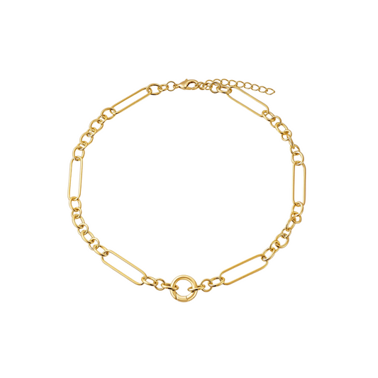 Gold-tone chain of long oval and round links with a lobster clasp and small ring, on white