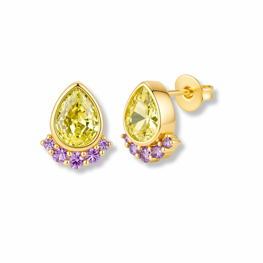 Pair of gold-tone pear-shaped stud earrings with a lime-yellow stone and small purple stones below