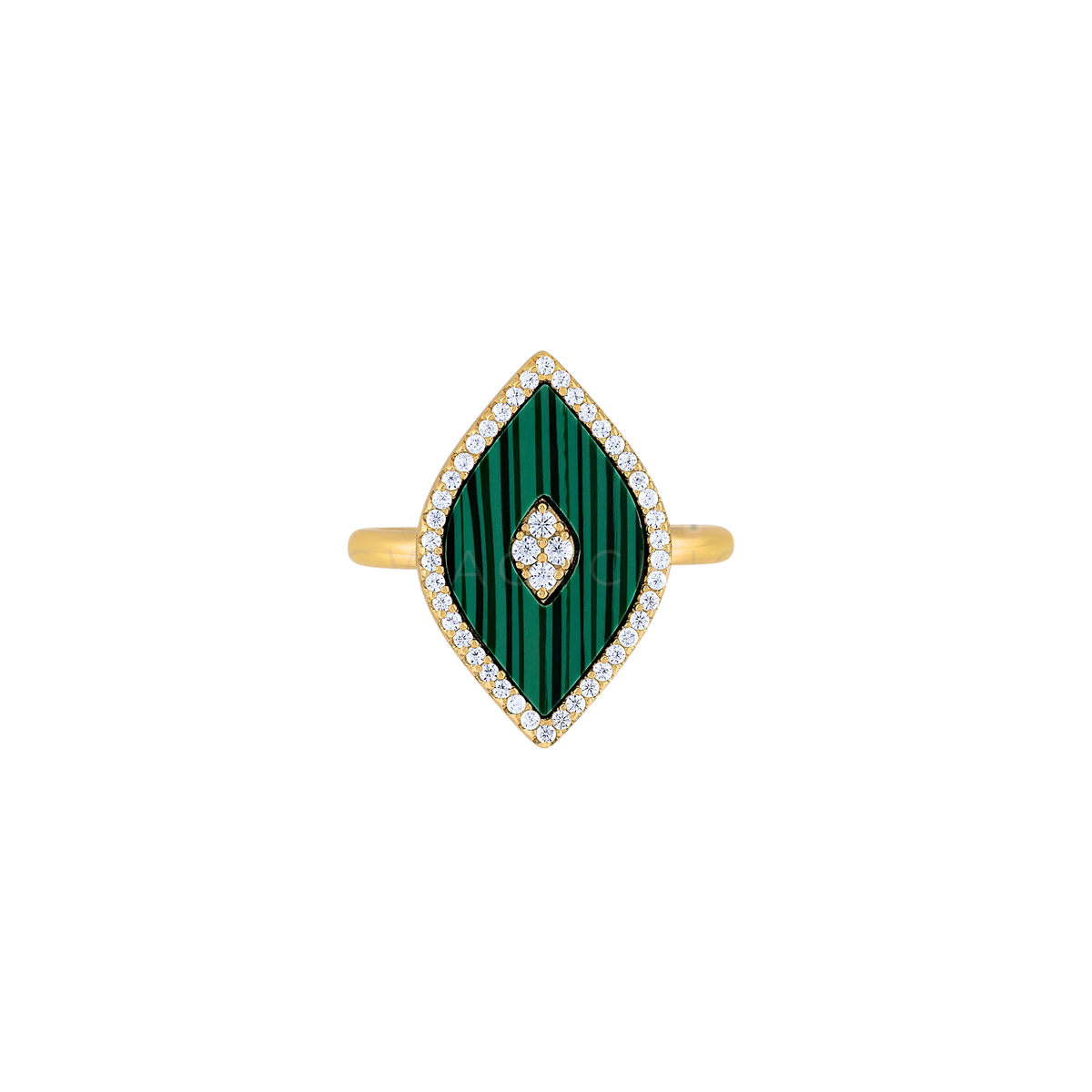Gold-tone ring with a green striped eye-shaped center and white stone accents, flat on white