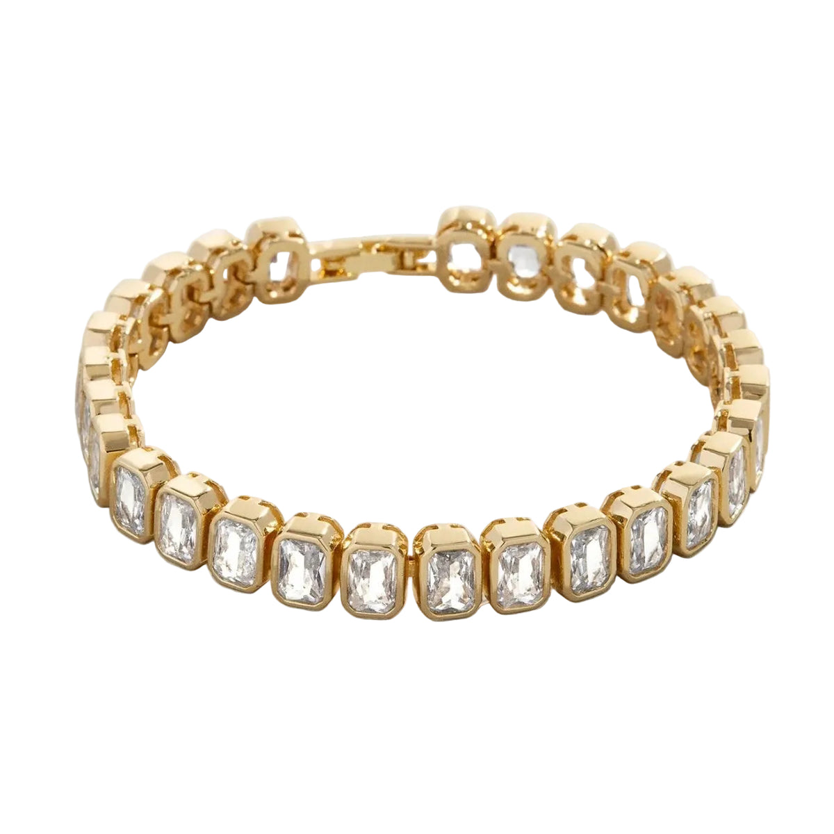 Tennis-style bracelet with a row of rectangular clear stones in gold-tone settings