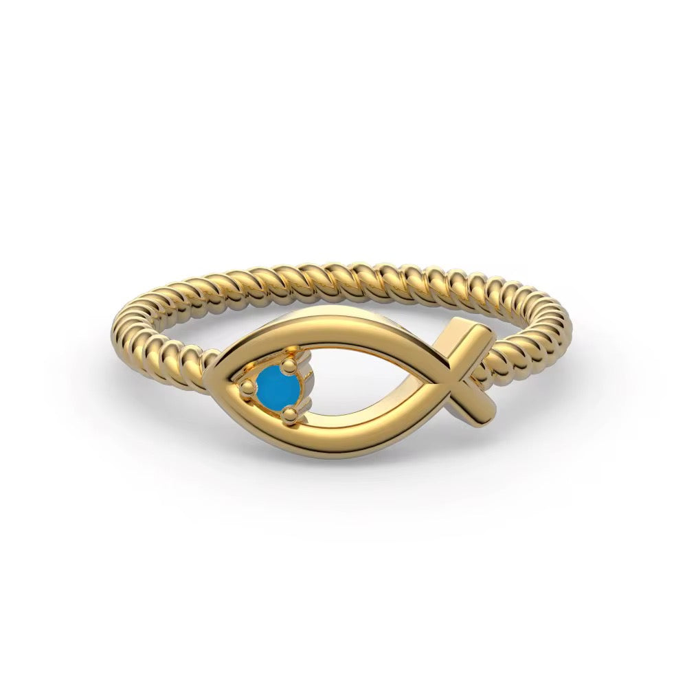 Twisted rope gold-colored ring with a fish outline and a small blue stone