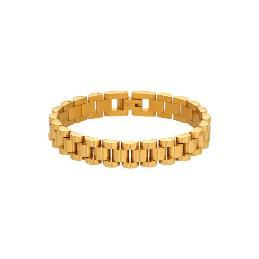 Gold-tone watch-band style bracelet of rectangular polished links with a fold-over clasp