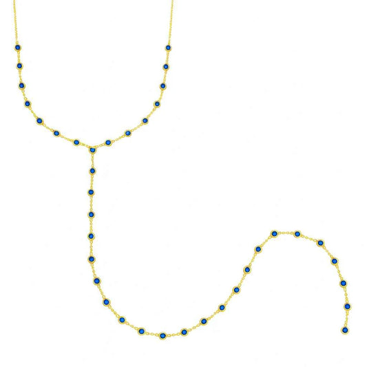 Fine gold-tone Y-shaped lariat chain dotted with small blue stones in round bezel settings