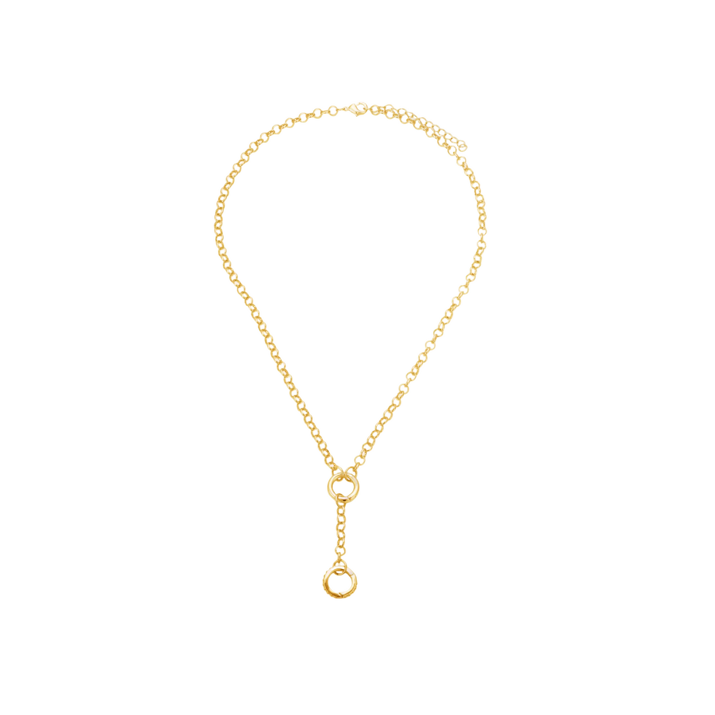 Gold Two Claps Necklace — elegant 16-inch chain with double zirconia clasps, designed to hold multiple charms, minimalist waterproof jewelry by MARO.