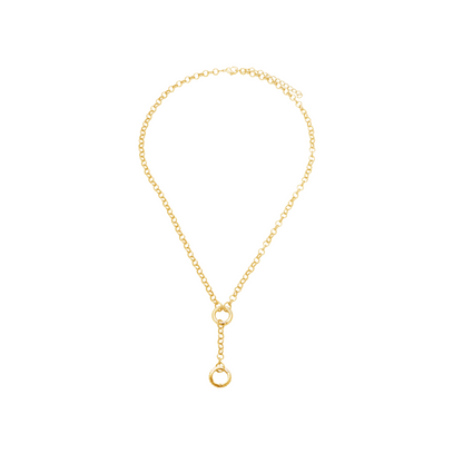 Gold Two Claps Necklace — elegant 16-inch chain with double zirconia clasps, designed to hold multiple charms, minimalist waterproof jewelry by MARO.