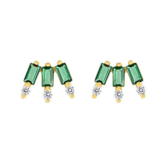 Pair of stud earrings with three green baguette-cut stones in a row and small clear stones below