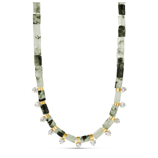 Necklace of rectangular green marbled stones with gold-tone accents and small clear stones