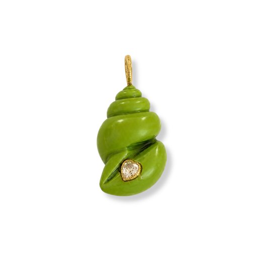 Glossy green spiral shell charm with a heart-shaped clear stone and a gold-tone loop