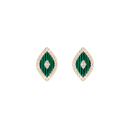 Pair of eye-shaped stud earrings with green striped centers outlined in tiny clear stones