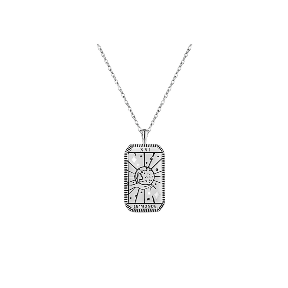 Rectangular engraved tarot-style pendant on a fine silver-tone chain