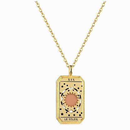 Le Soleil Gold Necklace — tarot-inspired sun pendant with celestial details, gold chain minimalist jewelry by MARO Jewelry.